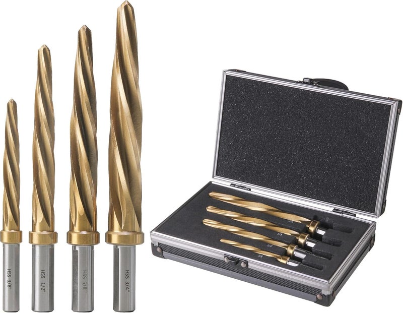 Jerax tools 4pcs Bridge/Construction Reamer Set, 3/8", 1/2", 5/8", 3/4”, M2 HSS Taper Chucking Reamer Drill Bit for Steel Alloy Aluminum Metal Wood Plastic, 3/8" or 1/2" Shank, to Enlarge/Align Holes - Image 1